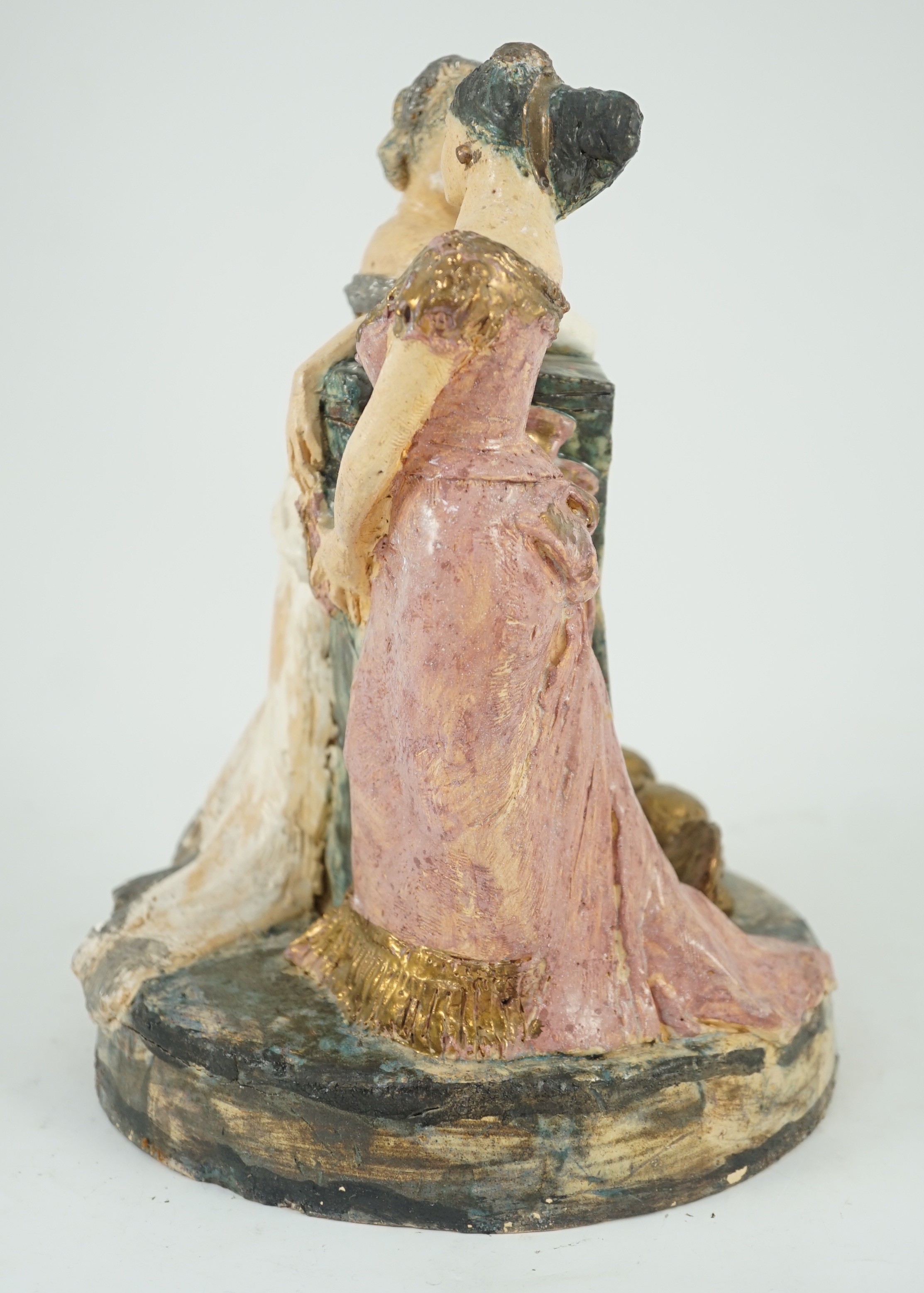 Quentin Bell (1910-1996). A studio pottery group of two women in ballgowns, 25.5cm high